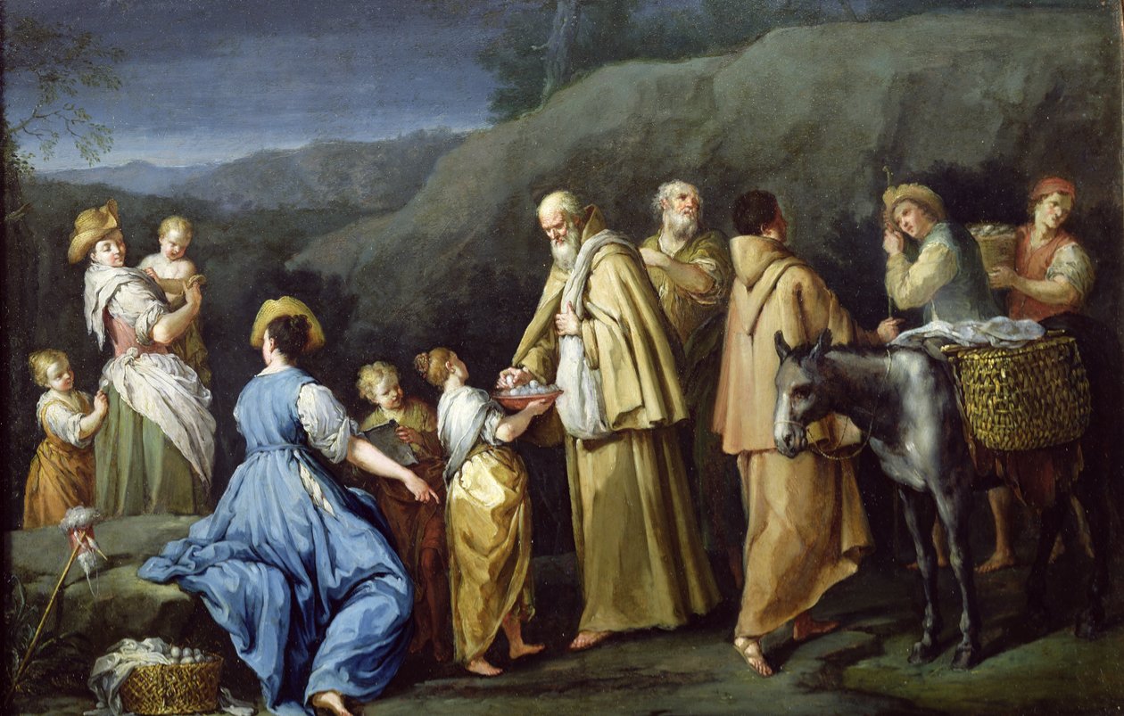 Jovem garota oferecendo ovos para um grupo de monges (óleo em cobre) de Giuseppe Gambarini