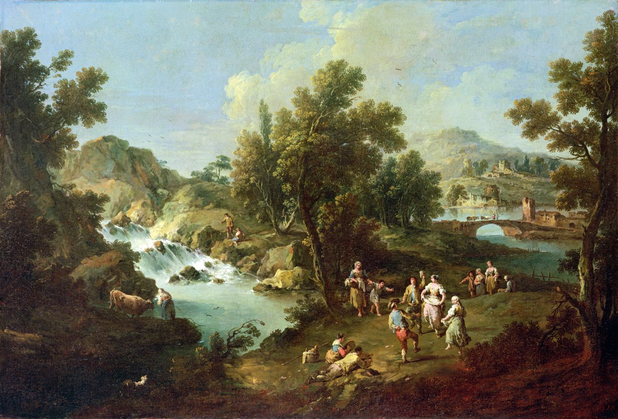 Paisagem com um rio e camponeses dançantes de Giuseppe Zais