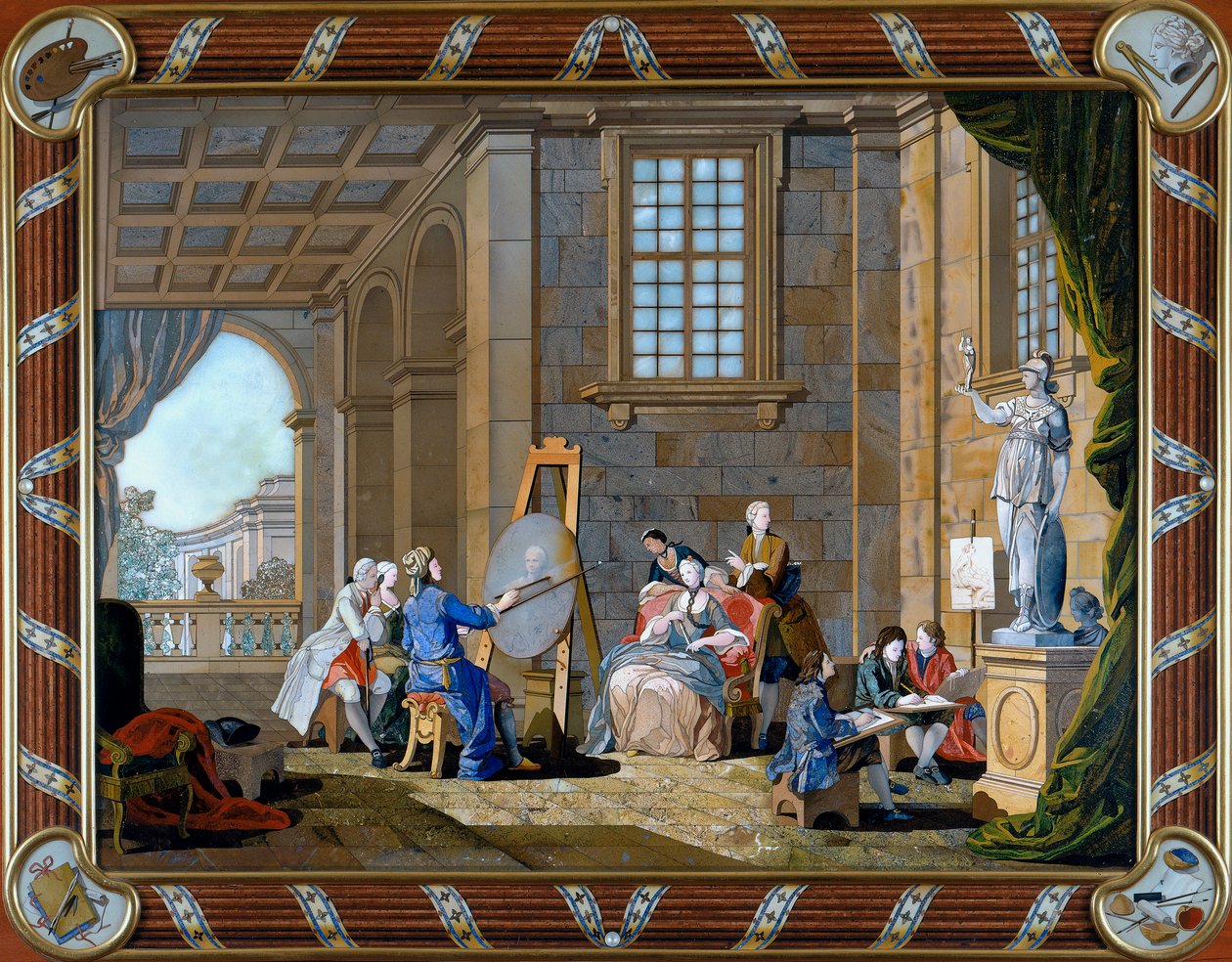 Painel em pietre dure inlay representando pintura de Giuseppe Zocchi