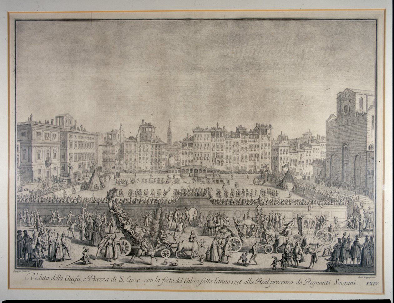 O Festival de Futebol na Piazza Santa Croce, gravado por Carlo Gregori (1719-59) 1738 de Giuseppe Zocchi