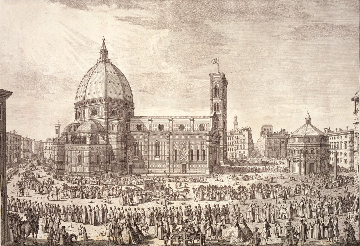 Vista da cidade de Florença com o Batistério de São João e a procissão do Corpus Domini de Giuseppe Zocchi