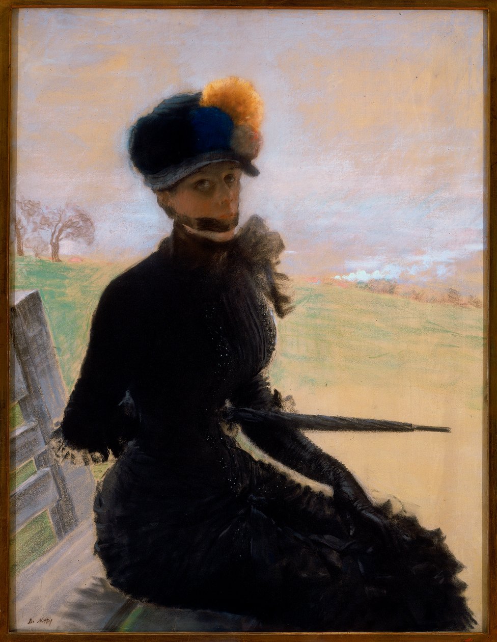 Retrato de uma mulher sentada em um banco de Giuseppe de Nittis