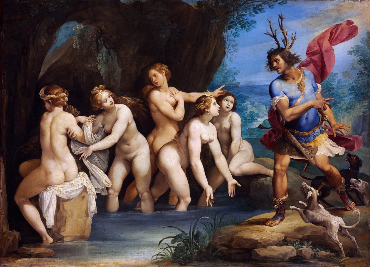 Diana e Actaeon - Pintura de Giuseppe Cesari (1568-1640), óleo sobre cobre, cerca de 1604, 50x69 cm - Diana e Actaeon, Óleo sobre cobre de Giuseppe Cesari - Szepmuveszeti Muzeum, Budapeste de Giuseppe Cesari