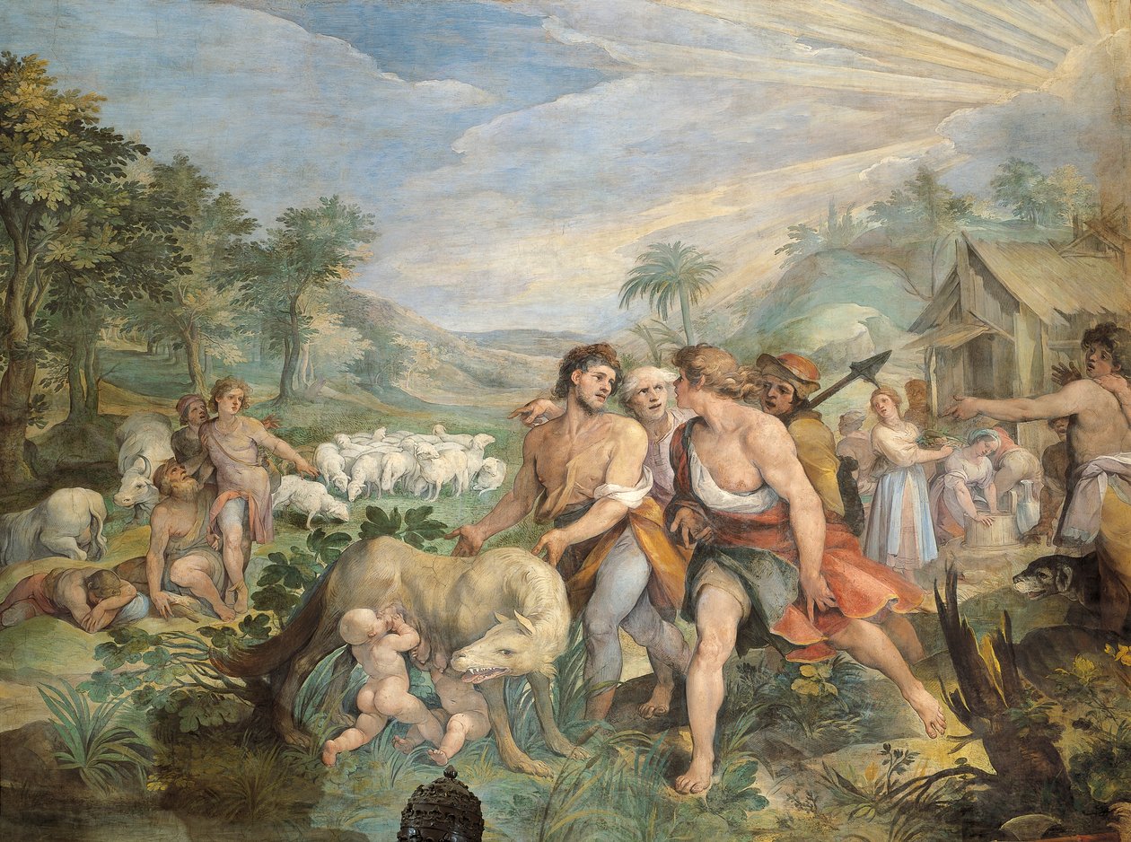 Rômulo e Remo, amamentados por um lobo, encontrado por Faustulus nas margens do Tibre, por Giuseppe Cesari (1568-1640), afresco, Salão dos Horácios e Curiácios, Palácio dos Conservatórios, Roma, Reino Romano, Itália de Giuseppe Cesari