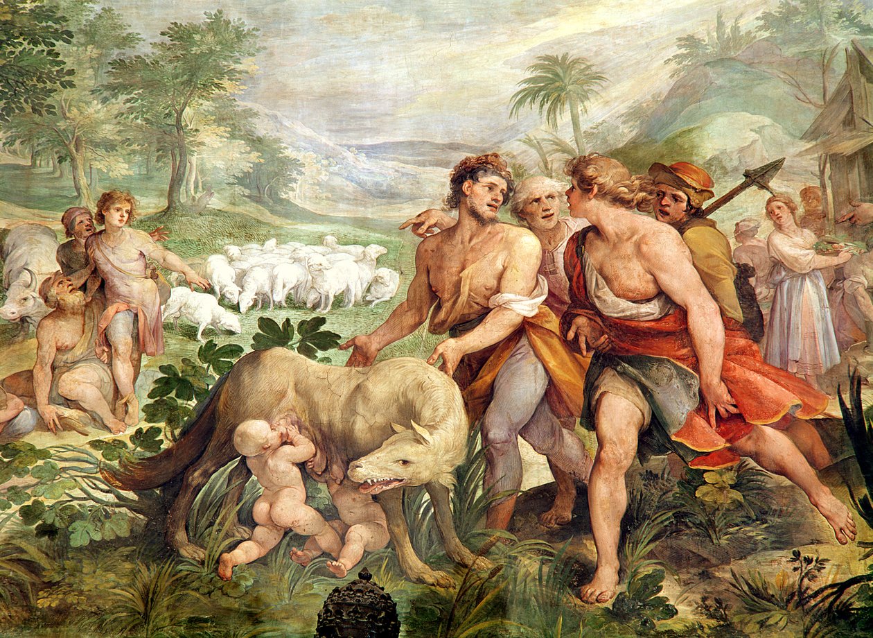 Rômulo amamentado pela loba, da Sala dei Horatii e Curacii (fresco) de Giuseppe Cesari
