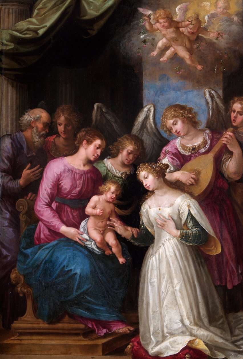 O Casamento Místico de Santa Catarina (óleo sobre painel de nogueira) de Giuseppe (1568 1640) Cesari