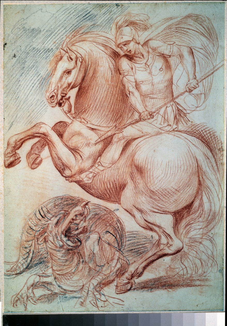 ""Saint George Slaying The Dragon"" (São Jorge e o Dragão) Desenho Sanguíneo de Giuseppe Cesari (1568-1640) Museu Pushkin do século XVII, Moscou de Giuseppe Cesari