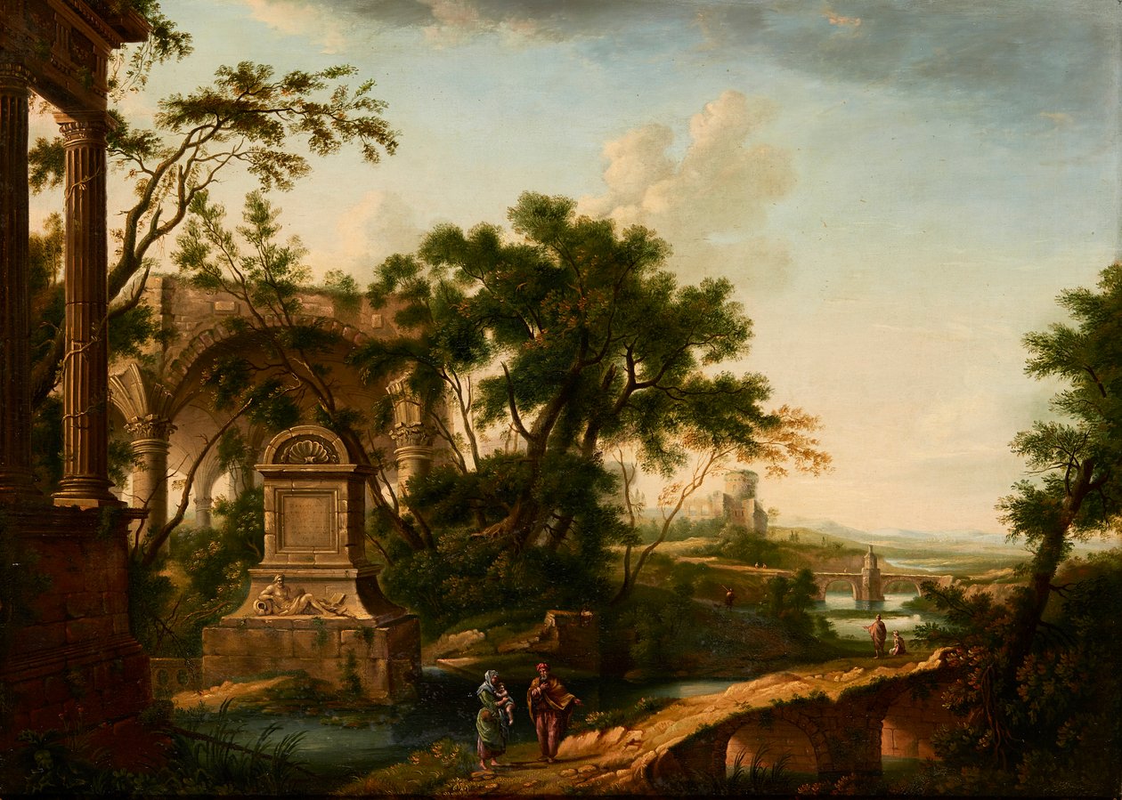 Uma paisagem clássica com figuras por ruínas (óleo sobre tela) de Giuseppe (manner of) Zais