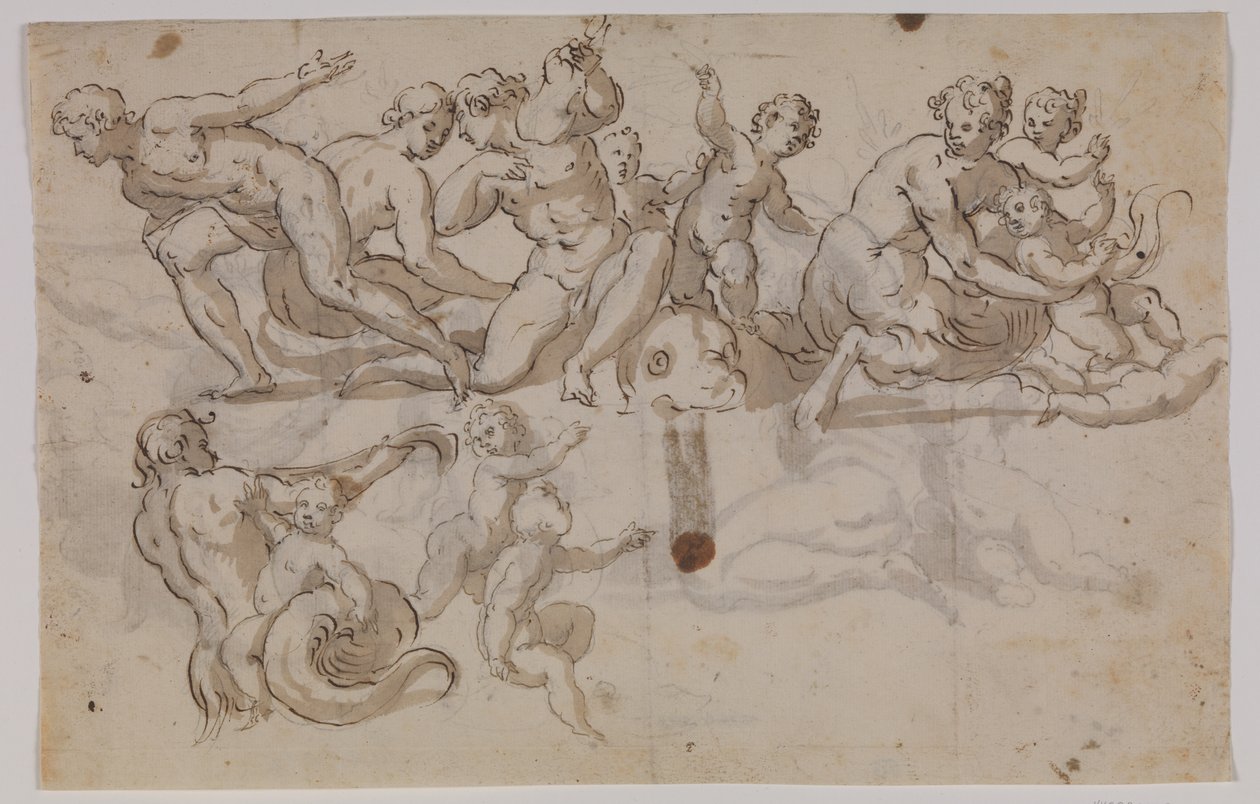 Cavalos-marinhos, tritões e putti montando golfinhos de Giuseppe Alabardi
