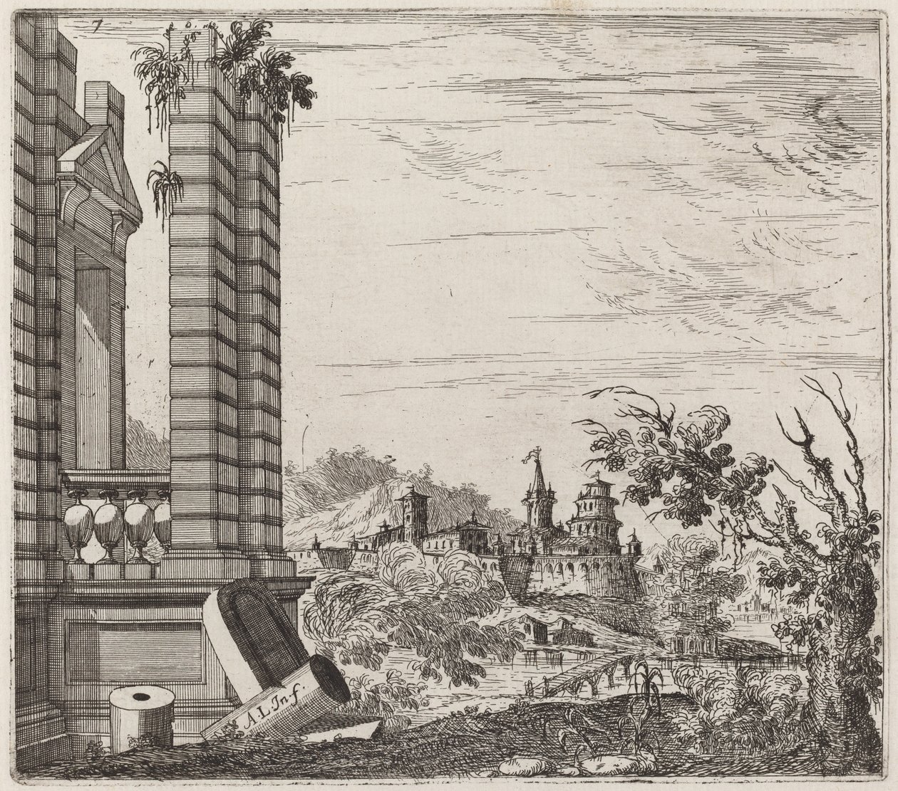 Fantástica paisagem fluvial com ruínas e um castelo de Giuseppe Antonio Landi