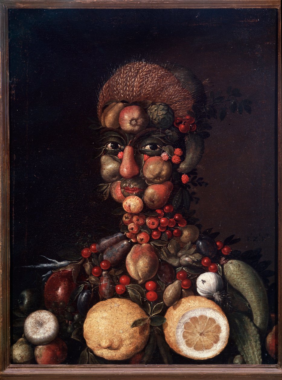 Figura humana feita de frutas e legumes (pintura de Giuseppe Arcimboldo