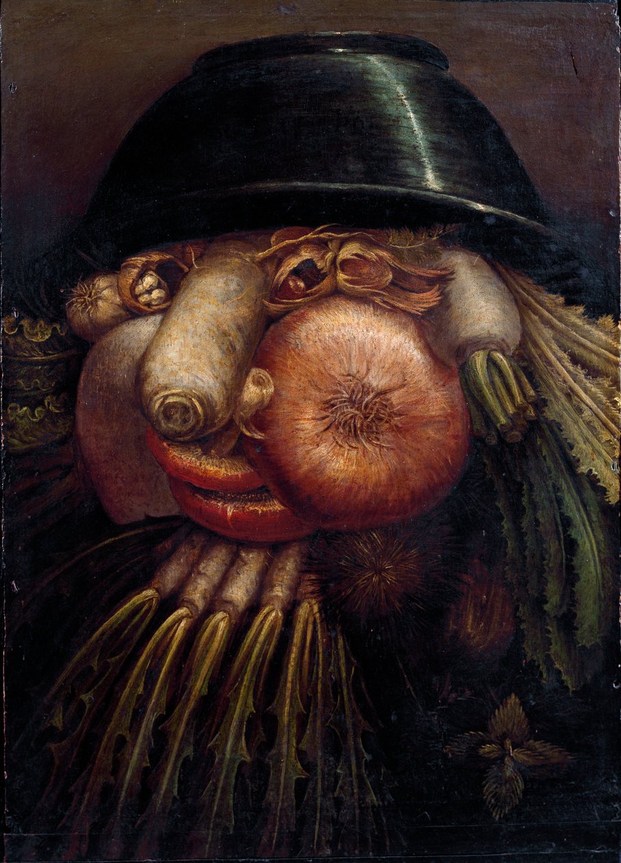 Retrato com legumes (The Maraicher). Entre os legumes e frutas representados: nozes, rabanete, cogumelos, alho, castanha, cebola, salada, avelã e nabo. Pintura de Giuseppe Arcimboldi (Arcimboldo) (1527-1593) Cremona, Pinacoteca Comunale de Giuseppe Arcimboldo