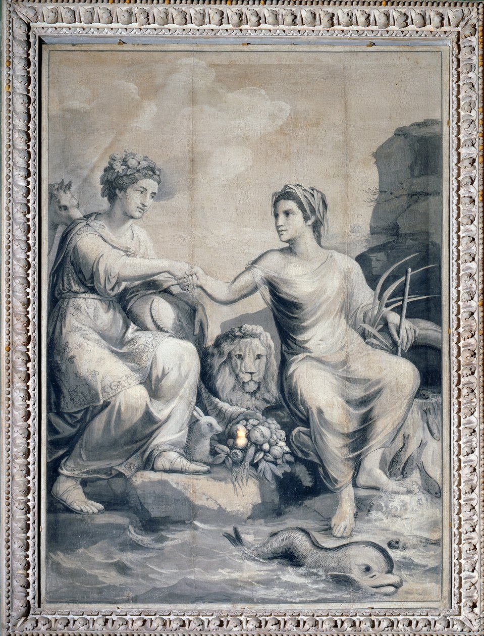Terra e água apertando as mãos em amizade (Desenho monocromático de Giuseppe Bacigalupo