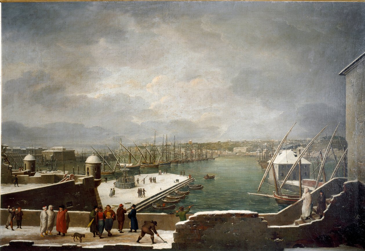 Vista do porto de Génova coberto de neve (óleo sobre tela de Giuseppe Bacigalupo