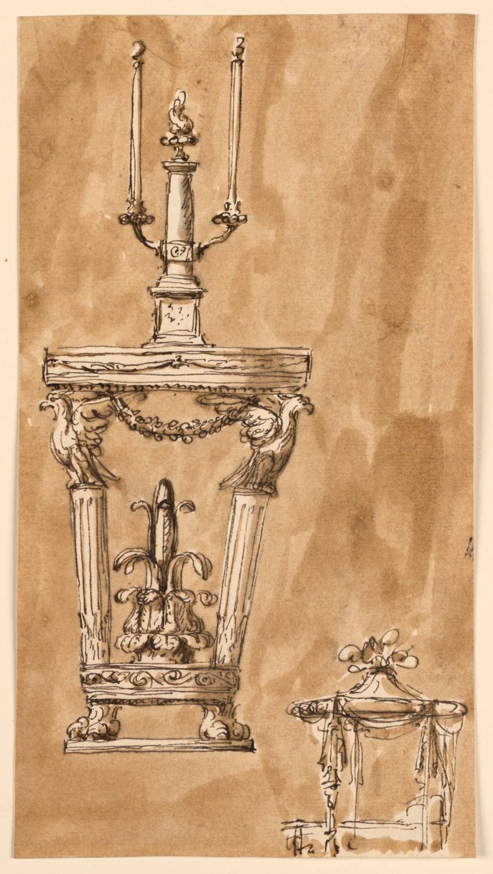 Design para uma mesa de console com castiçal e uma cama de Giuseppe Barberi