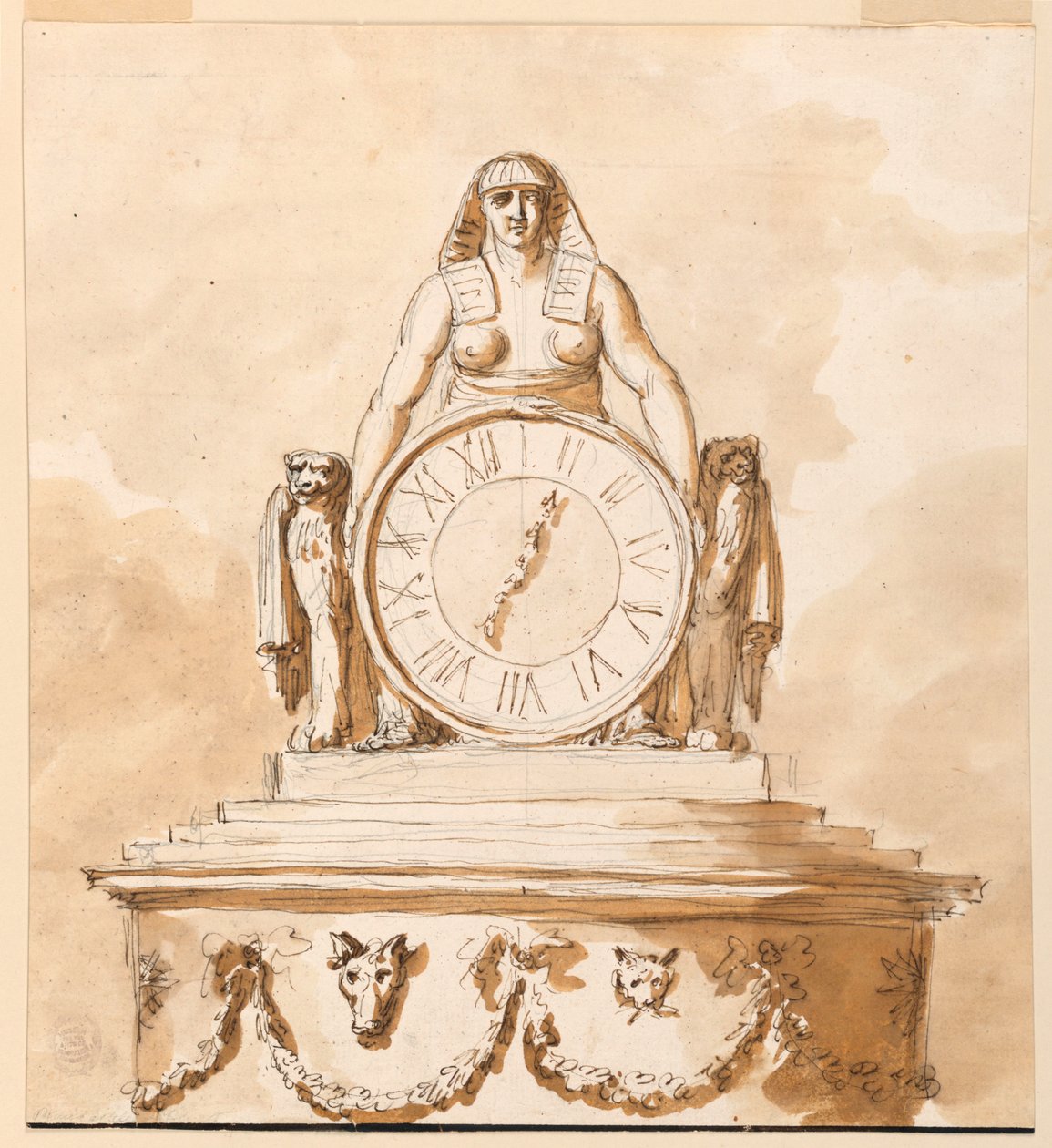 Projeto para uma sugestão ligeiramente variada para a parte superior do pedestal e a figura com o mostrador em 1938-88-2109 de Giuseppe Barberi