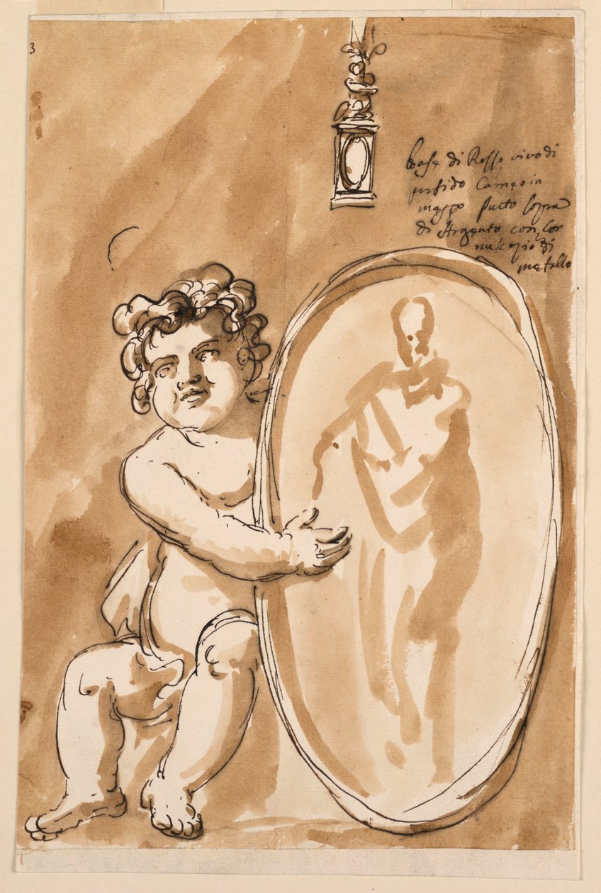 Putto sentado com medalhão de Giuseppe Barberi