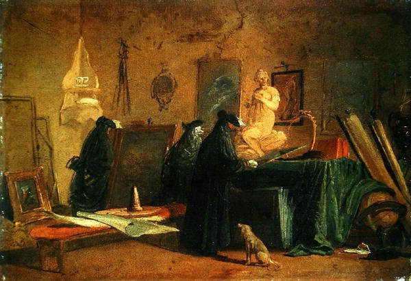 Connoisseurs in Carnival Costume in an Interior with Pictures and Objects of Art and Science (óleo sobre papel colocado sobre tela) de Giuseppe Bernardino Bison