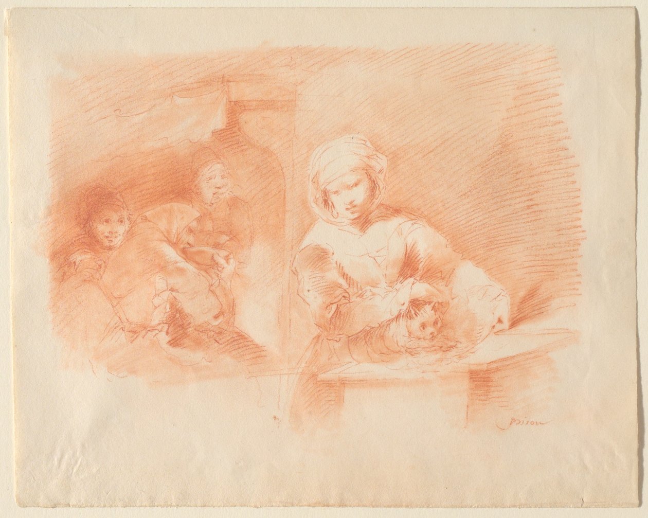 Häusliche Szene mit Bauern und einer Katze de Giuseppe Bernardino Bison