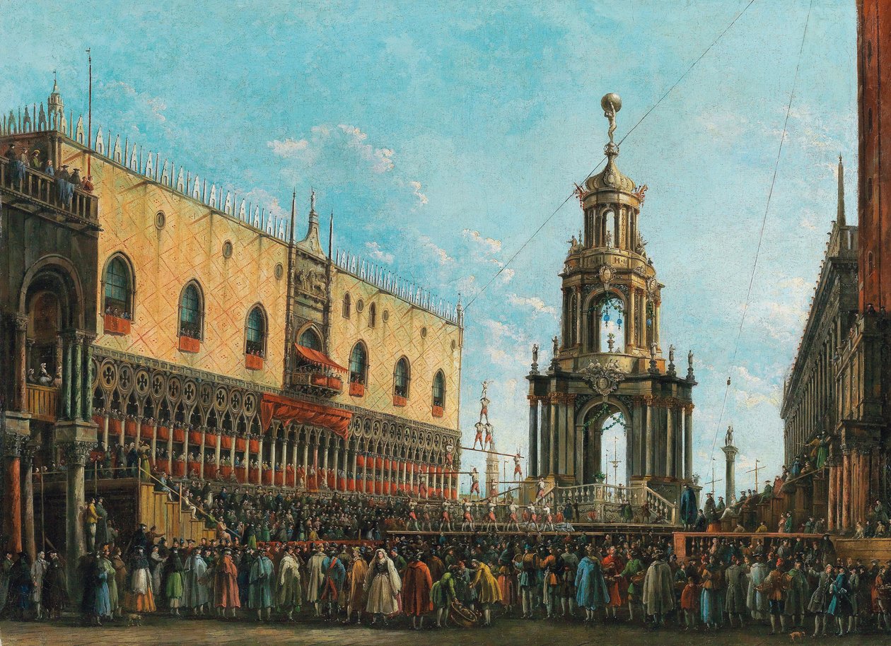 O Festival Giovedì Grasso em frente ao Palácio Ducal em Veneza, 1830s. de Giuseppe Bernardino Bison