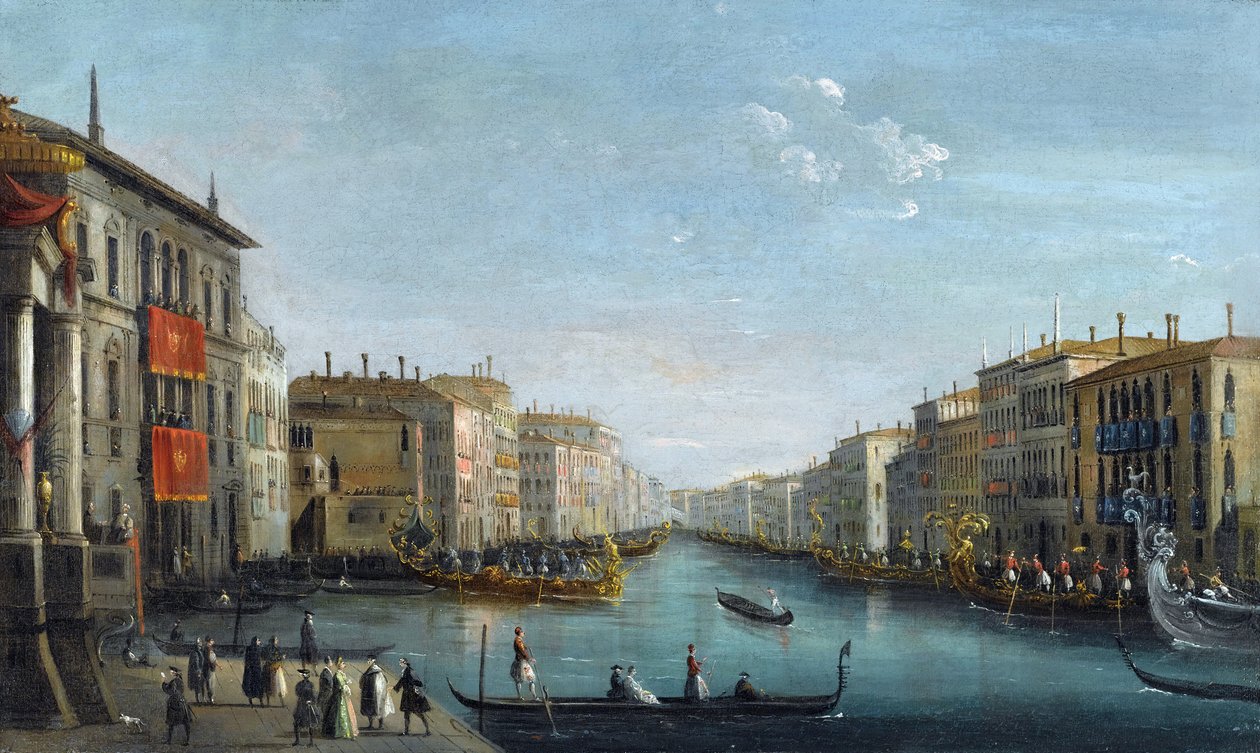 Vue du Grand canal depuis le palais Balbi, vers le pont du Rialto, avec une regate - Vista do Grande Canal do Palazzo Balbi olhando para a Ponte do Rialto com uma Regata par Bison, Giuseppe Bernardino (1762-1844). Óleo sobre tela, tamanho : 48,9x81,9, de Giuseppe Bernardino Bison