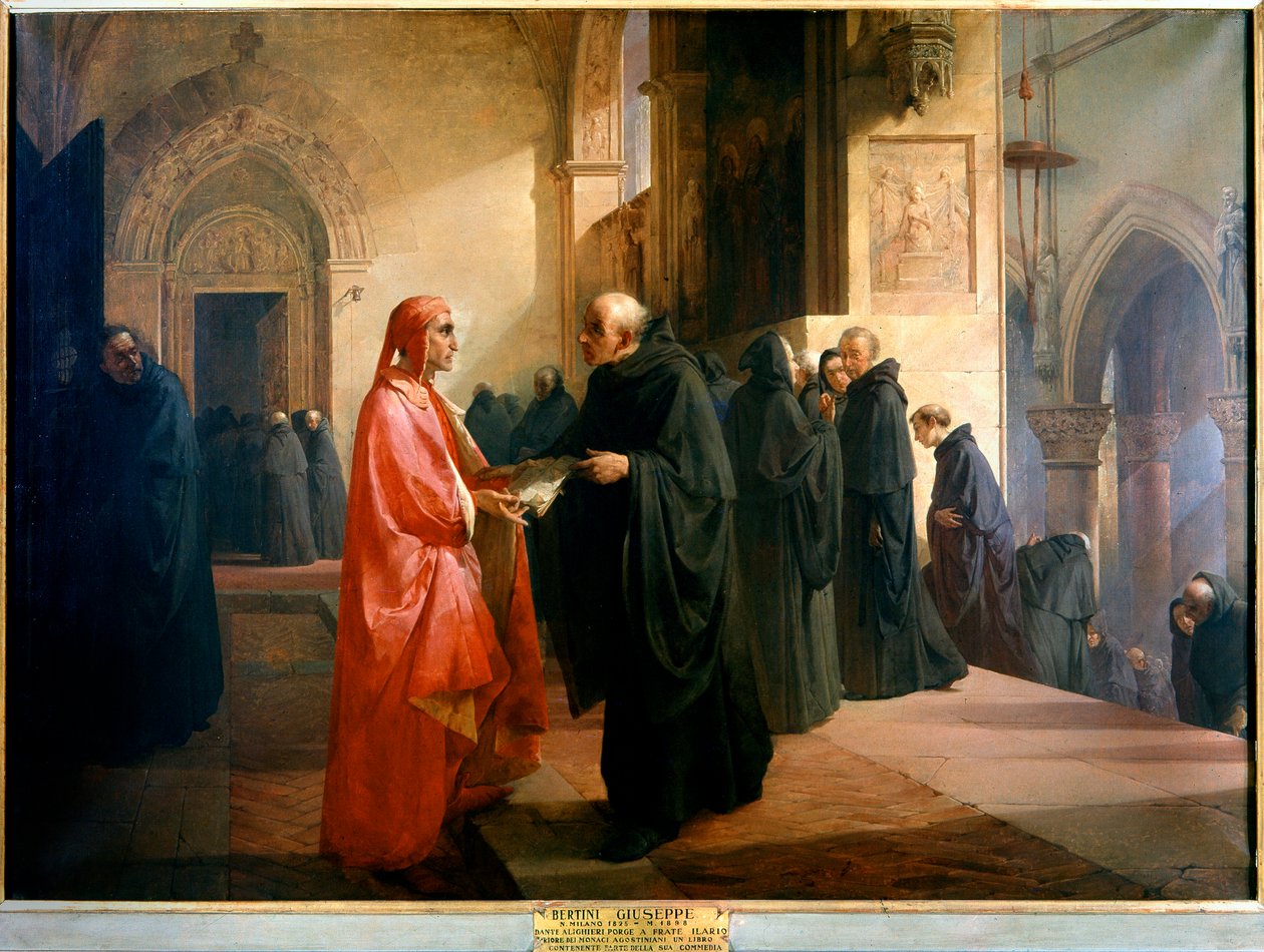 Dante Alighieri oferece ao irmão Ilário um caderno que contém parte da Divina Comédia de Giuseppe Bertini