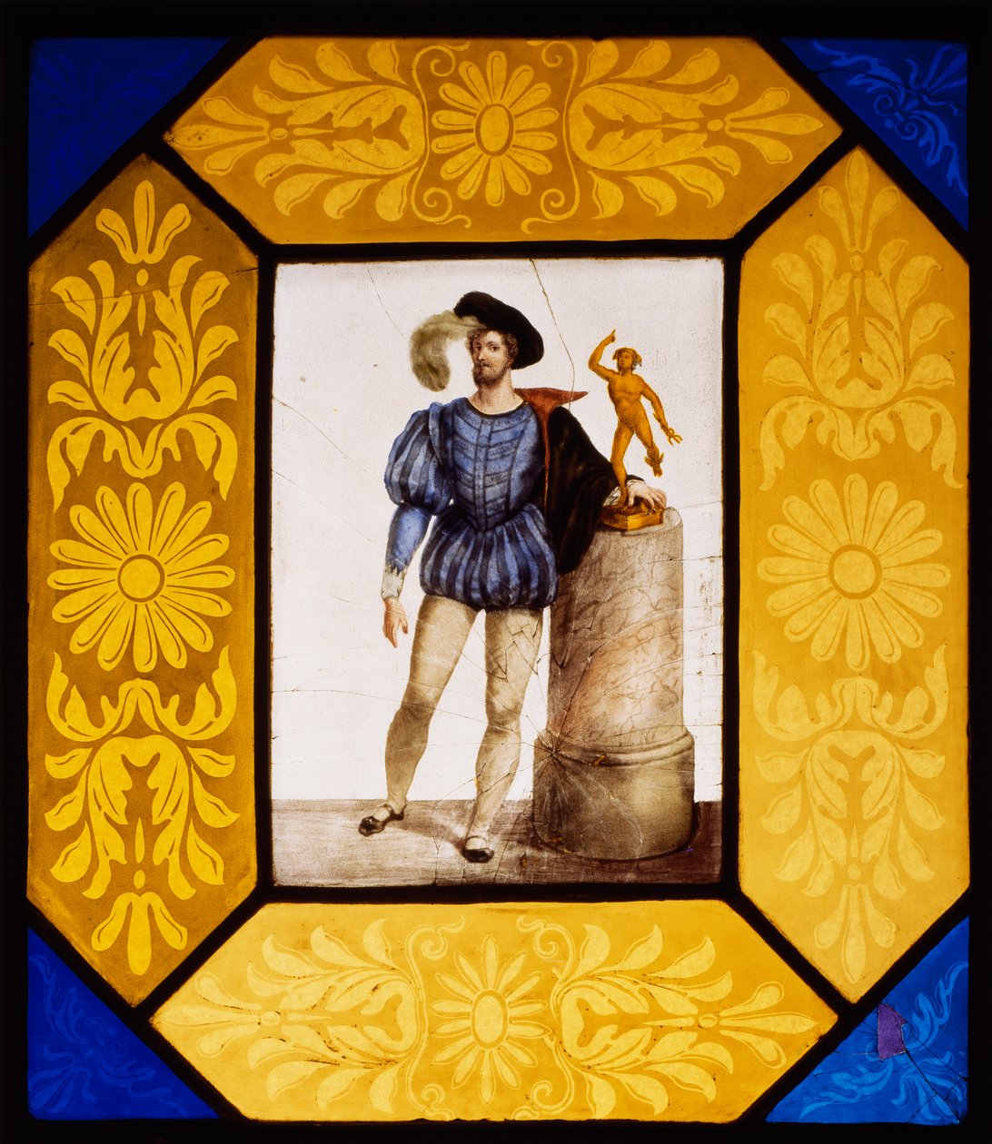 O escultor Mauro Gandolfi vestido como Giambologna por Giuseppe Bertini (1825-1898), vidro pintado a fogo 49x42 cm, Itália de Giuseppe Bertini