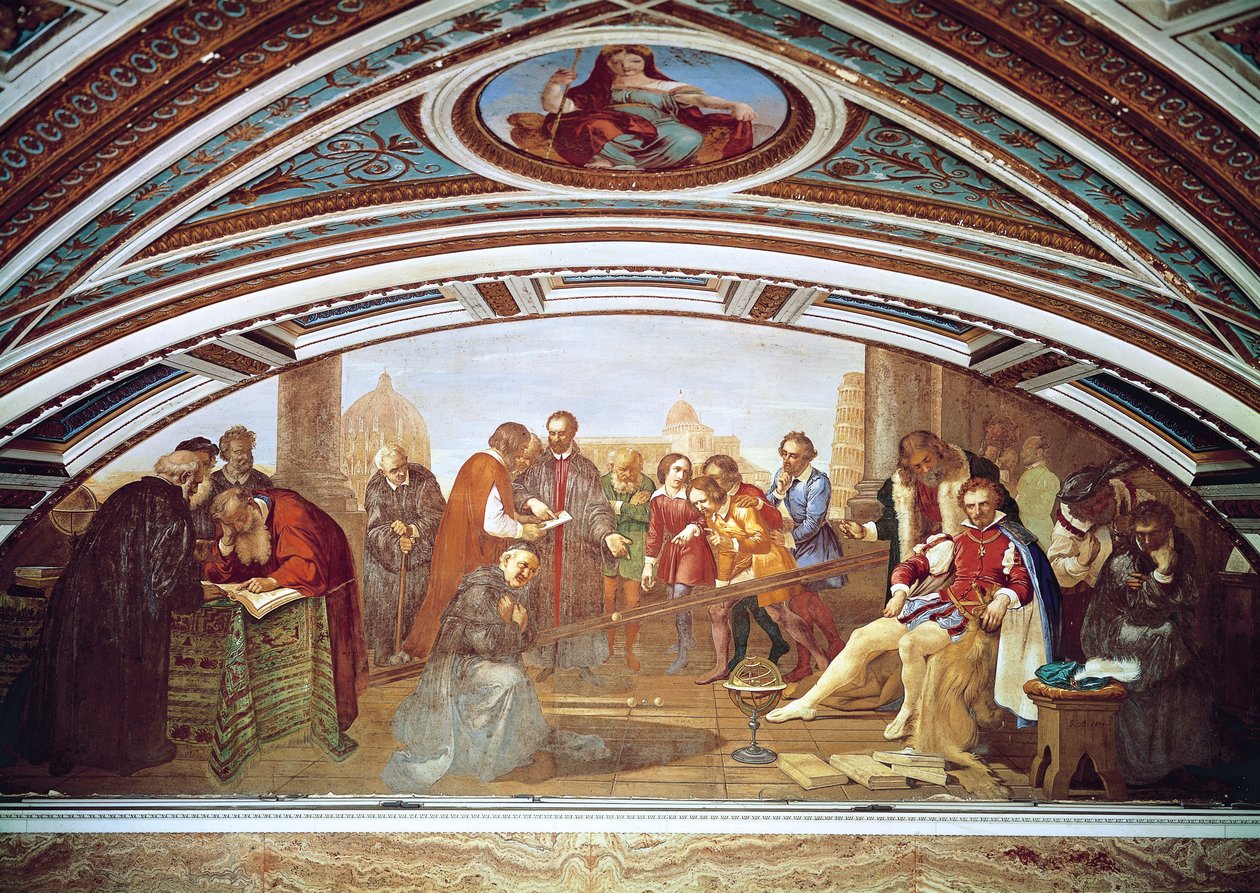 Galileo Galilei (1564-1642) demonstrando a lei da gravidade na presença de Giovanni De