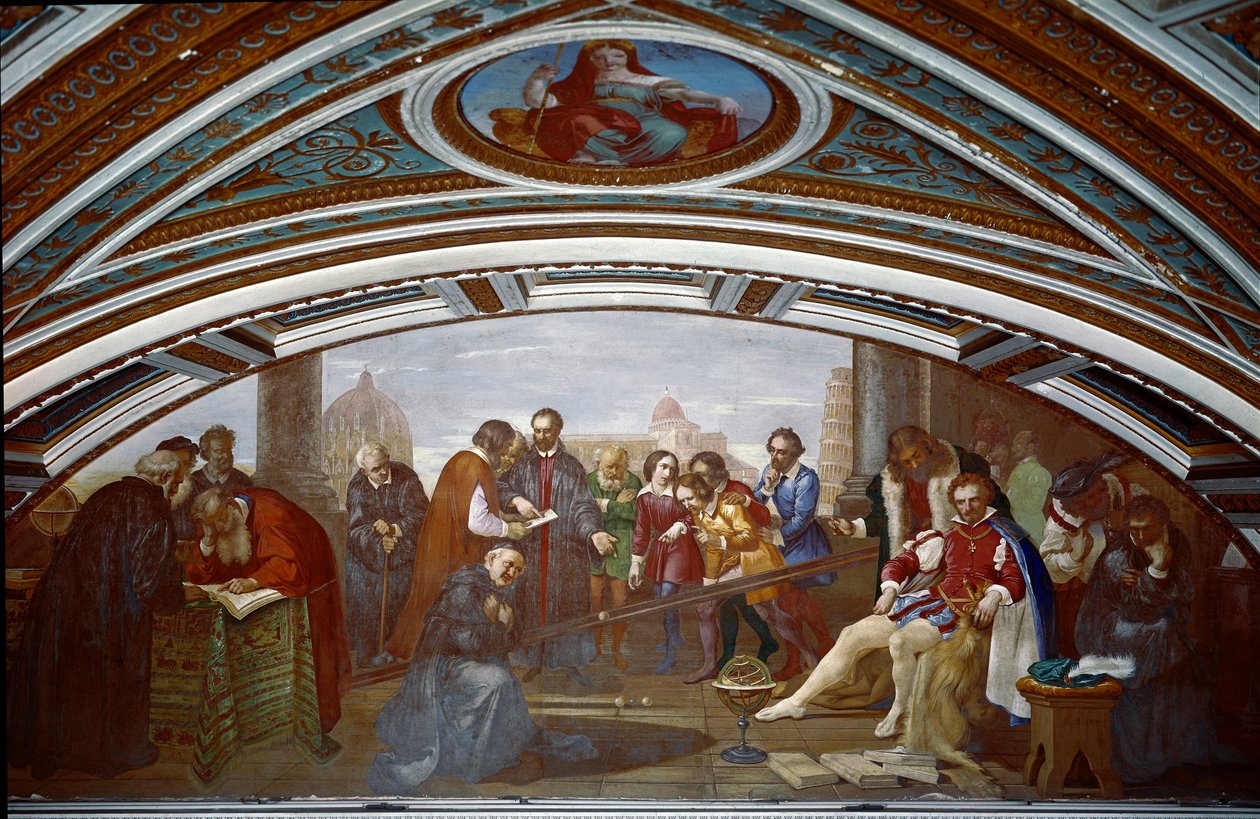 Galileo Galilei dit Galilee (1564-1642) demonstra a lei relativa à queda e ao convite. Galileu demonstra a experiência com um plano inclinado durante uma palestra pública em Pisa. Pintura de Giuseppe Bezzuoli (1784-1855) de Giuseppe Bezzuoli