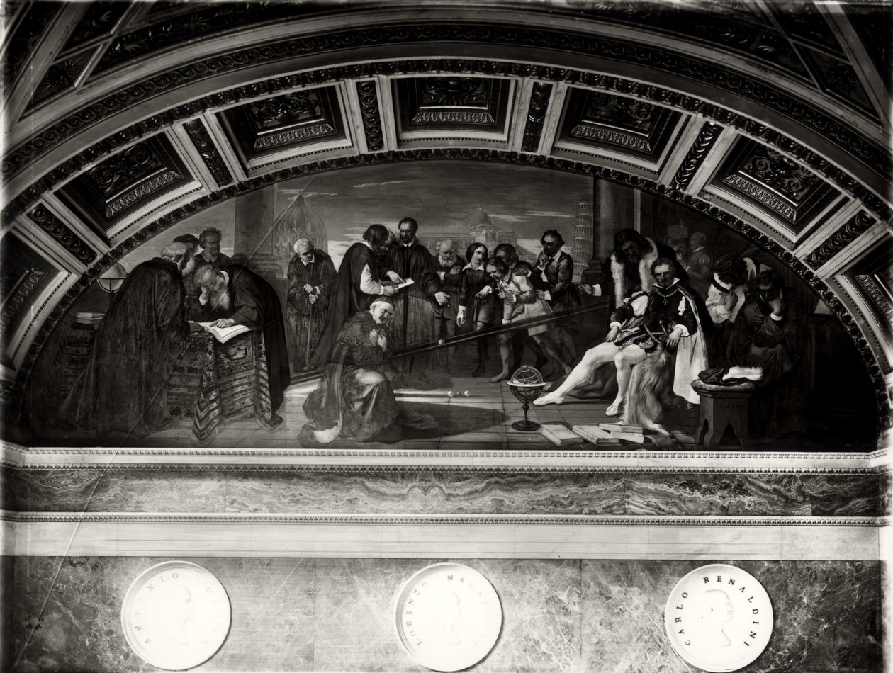 O Julgamento de Galileu (1564-1642) detalhe de Galileu em Pisa (fresco) de Giuseppe Bezzuoli