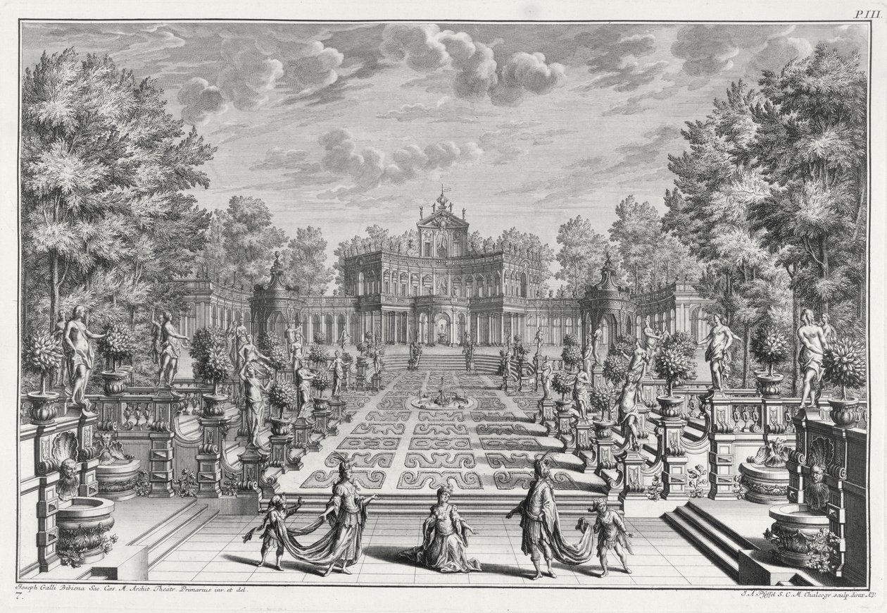 Cenário para uma ópera em um jardim, de Architectus Theatralis Primarius, gravado por Johann Andreas Pfeffel (1674-1748), publicado em 1740 de Giuseppe Bibiena