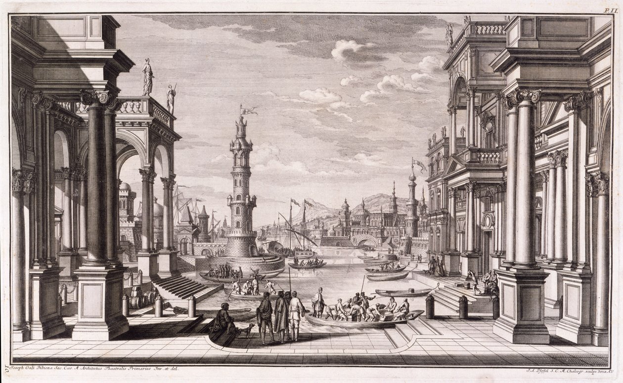 Pequeno porto com colunas de estilo barroco, de &39;Architectus Theatralis Primarius&39;, publicado em 1740 de Giuseppe Bibiena