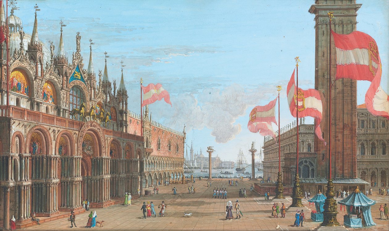 Vista da Praça de São Marcos, Veneza, com o Palazzo Ducale e Campanile, 1828 de Giuseppe Borsato