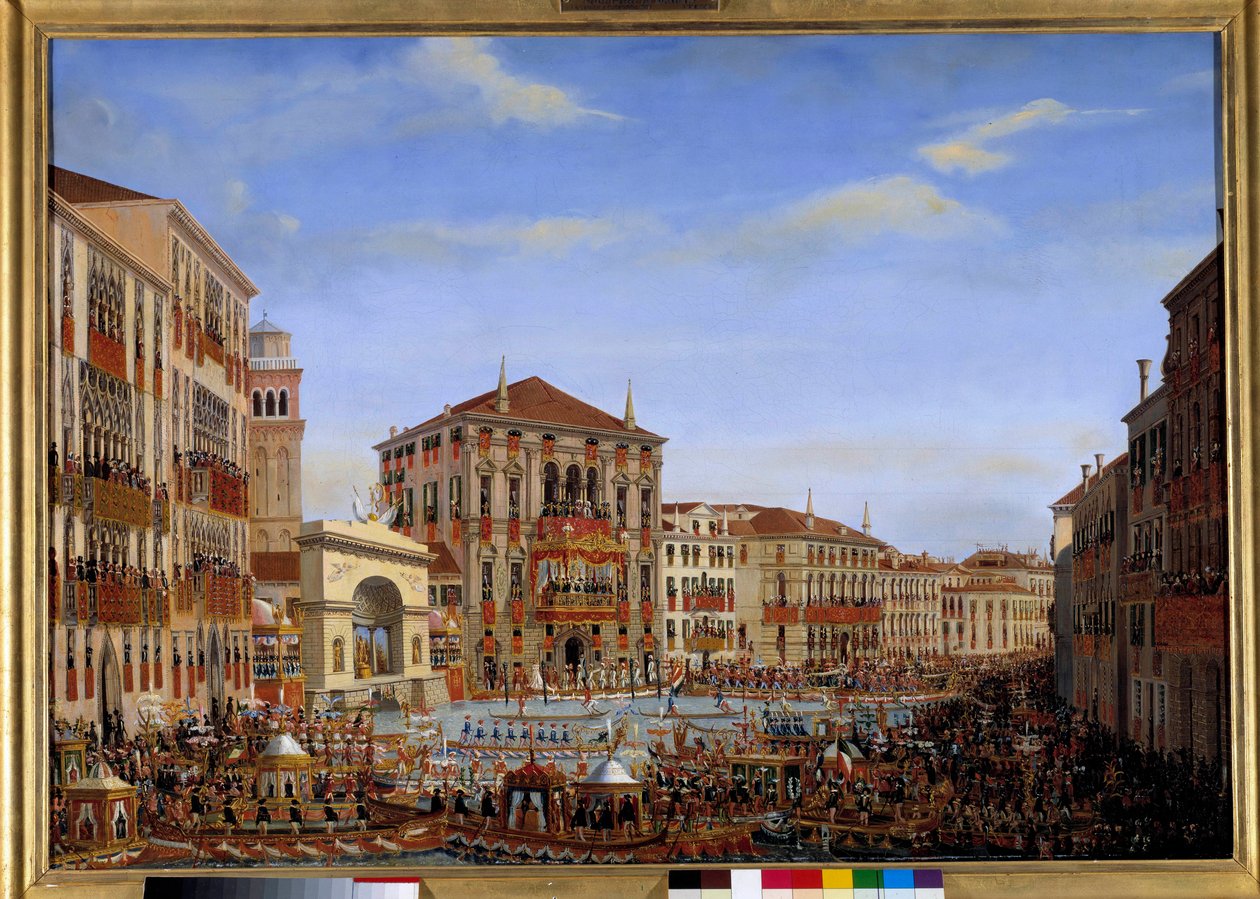 Visita de Napoleão I a Veneza de 28 de Novembro a 8 de Dezembro de 1807: O Imperador que preside as regatas no Grande Canal a partir da varanda do Palácio Baldi, chega da corrida, 2 de Dezembro de 1807 Pintura de Giuseppe Borsato (1771-1849). 1807 Sol. 0,6 de Giuseppe Borsato