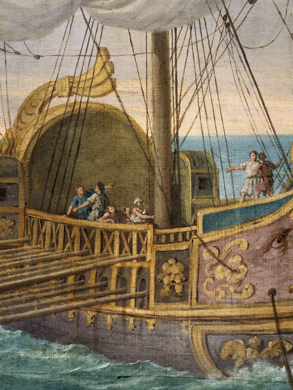 Santa Paula (Santa Paula Romana, 347-406,) partindo para a Terra Santa, pormenor da barca. Viúva aos 33 anos, seguiu São Jerónimo e partiu com a sua filha Santa Eustóquia em peregrinação com ele, em 385, aos Lugares Santos. Pintura de Giusep de Giuseppe Bottani
