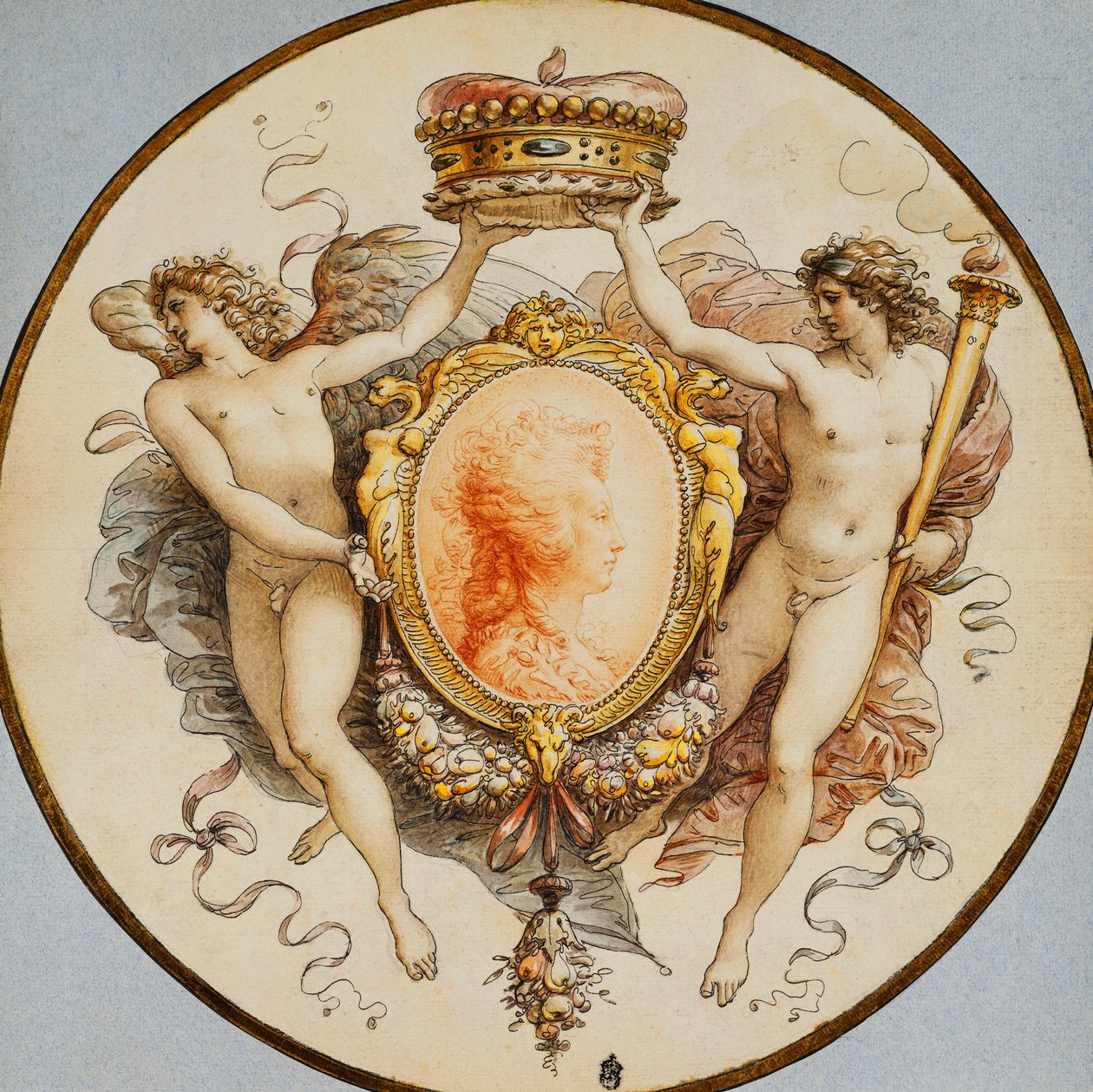 Um retrato oval de uma mulher de perfil, com uma borda decorativa de grotescos e ganhos, com figuras alegóricas ladeando da fama e da vitória segurando uma coroa, de Giuseppe Cades