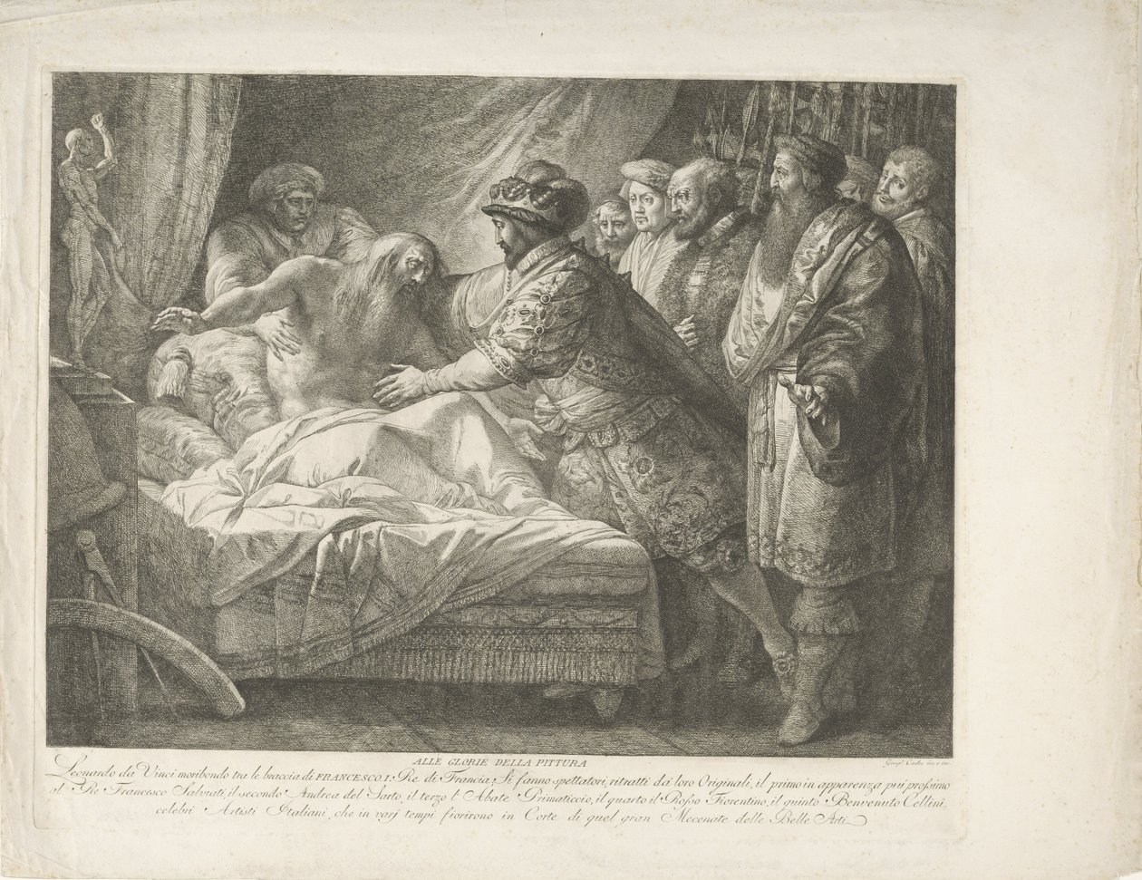 Rei Francisco I com o moribundo Leonardo da Vinci All Glory della pittura (título no objeto) de Giuseppe Cades