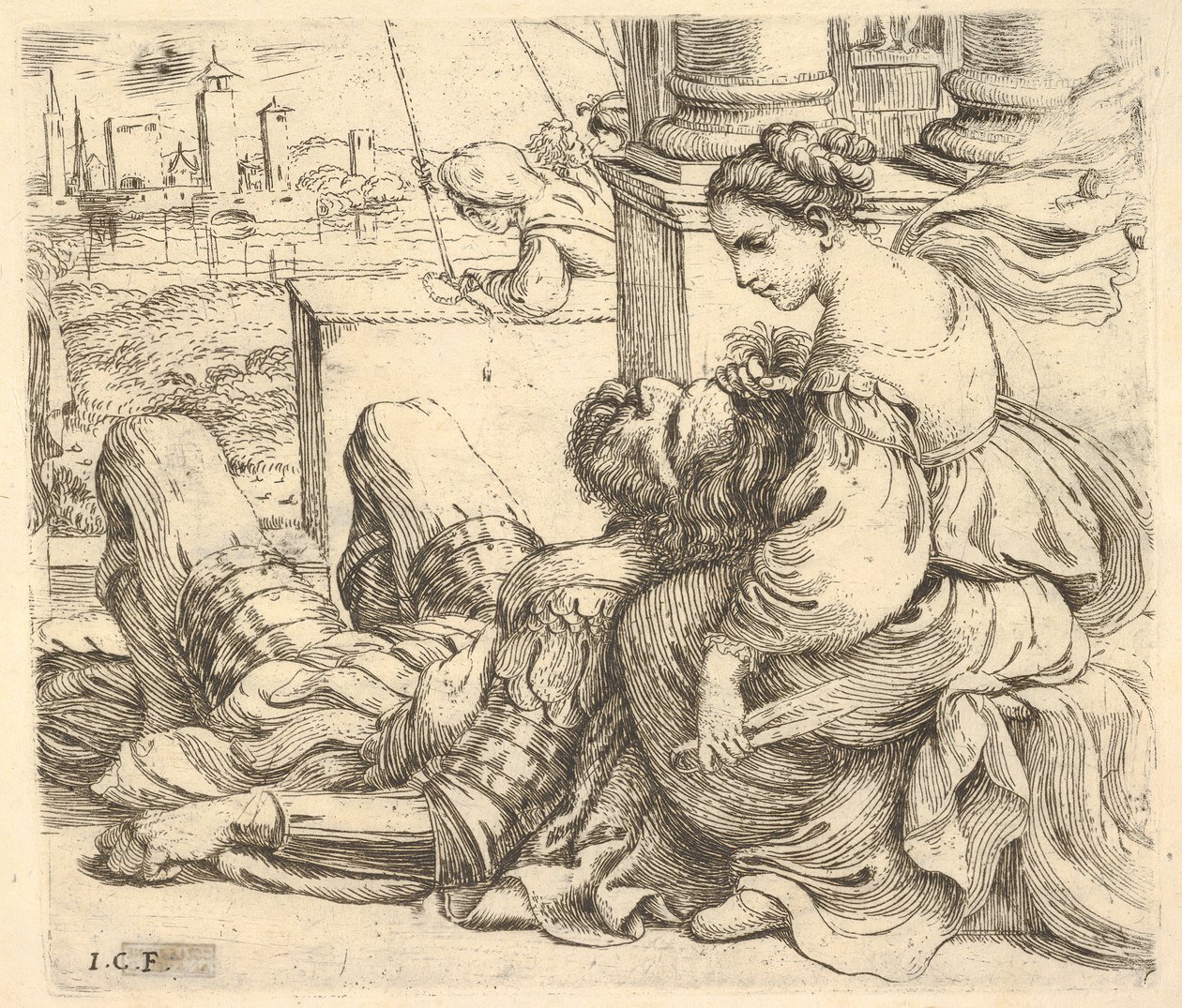 Dalila segurando o cabelo de Samsons e uma tesoura, 1620-30. de Giuseppe Caletti