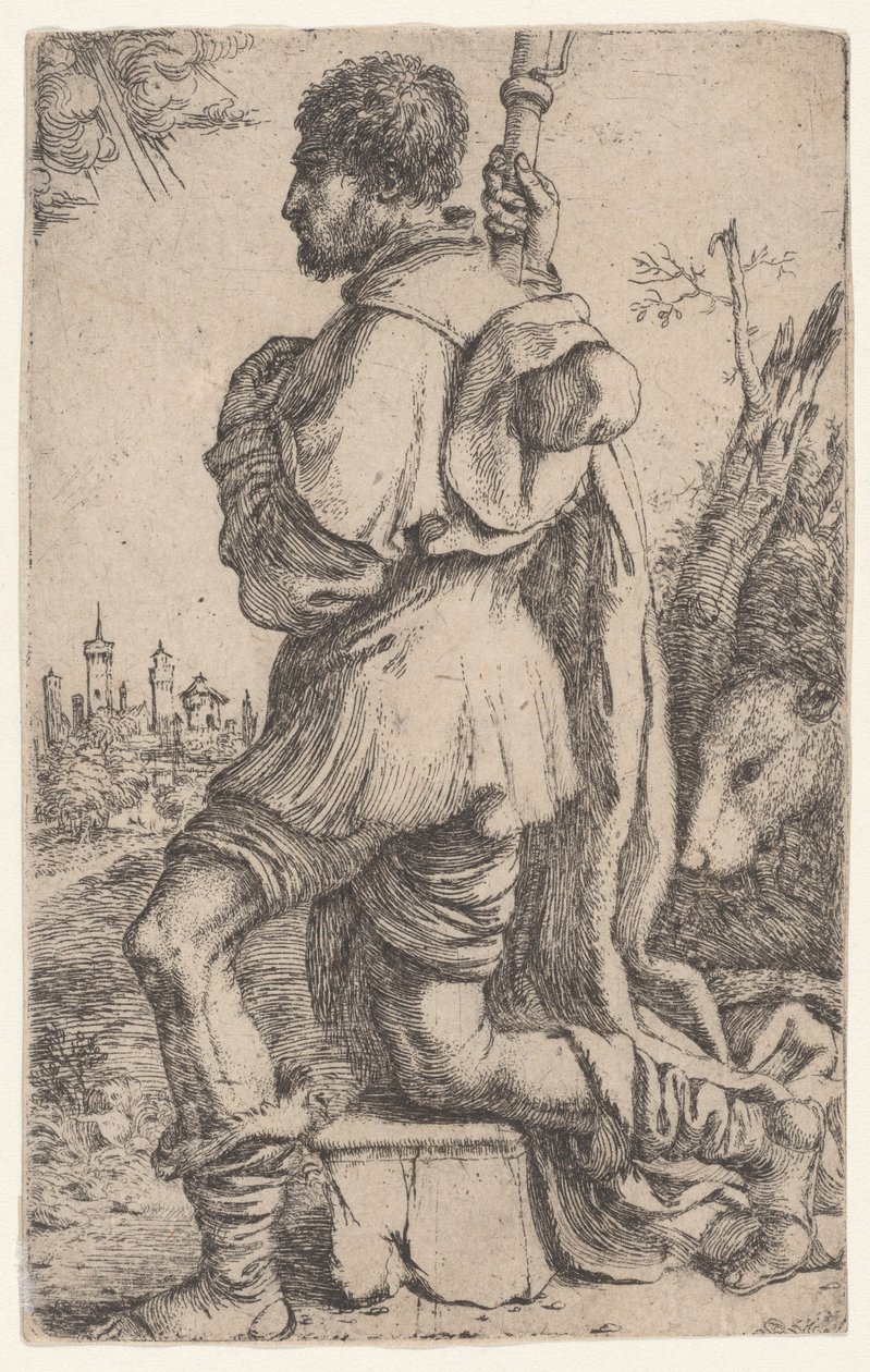 São Roque, ajoelhado sobre uma pedra, visto de lado com seu cachorro atrás dele..., 1620-30. de Giuseppe Caletti