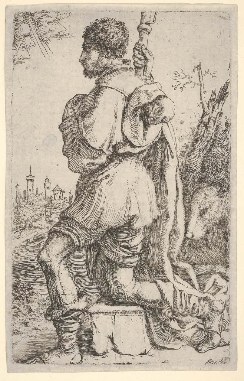 Saint Roch, ajoelhado em uma pedra, visto de lado com seu cachorro atrás dele e uma cidade ..., 1620-30. de Giuseppe Caletti