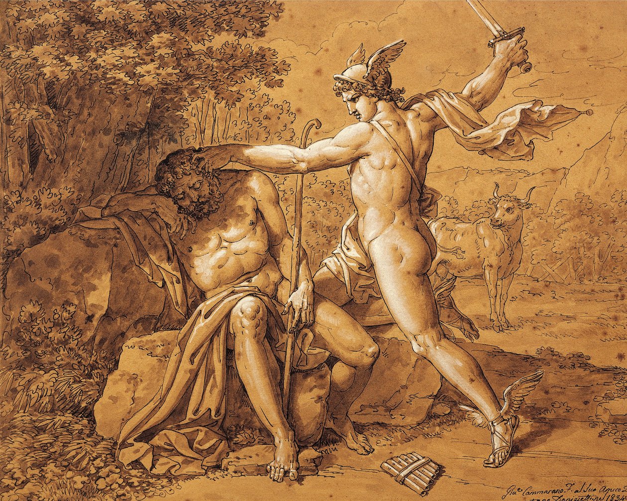 Itália, Mercúrio matando Argus para salvar a Ninfa (Mercurio uccide Argo per salvare la ninfa) por Giuseppe Cammarano (1766-1859) dado pelo artista a Gaetano Donizetti, desenhando de Giuseppe Cammarano