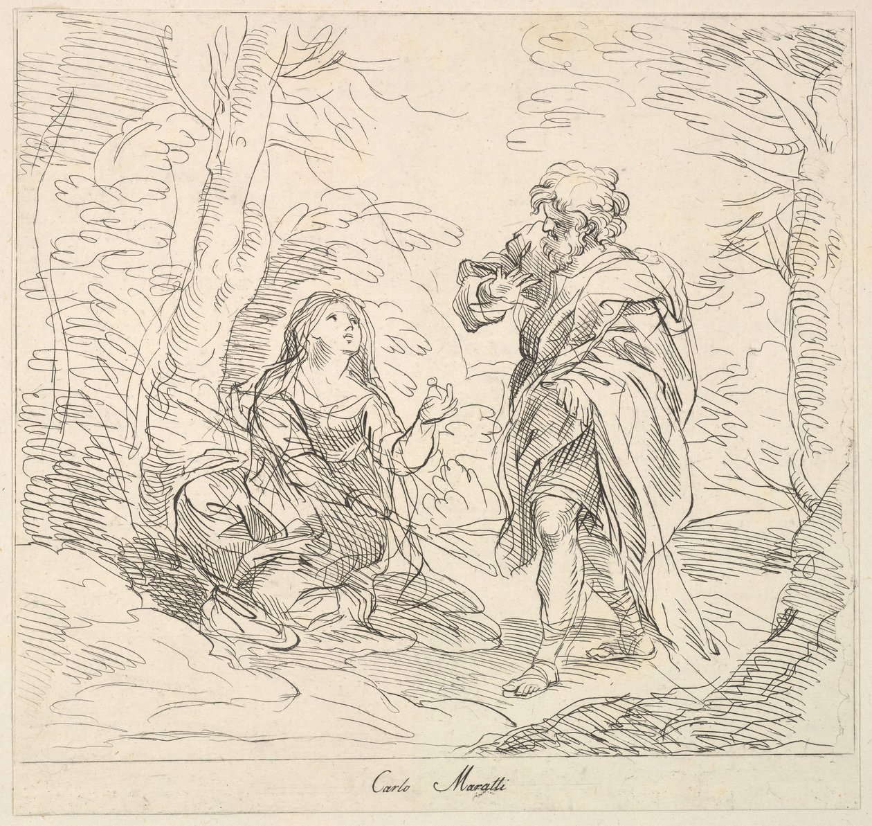 Mulher sentada e homem barbudo em uma paisagem, 1740-1802. de Giuseppe Canale