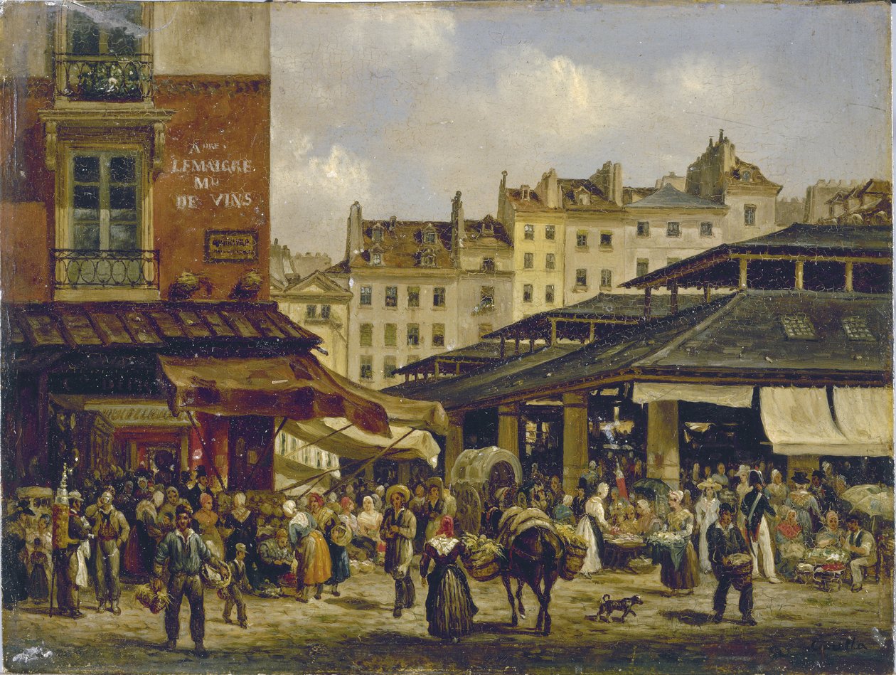 Les Halles e Rue de la Tonnellerie, c.1828 (óleo sobre tela) de Giuseppe Canella