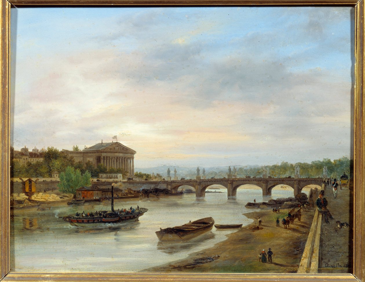 O Palais Bourbon e o Pont Louis XVI (Pont de la Concorde) vistos do Quai des Tuileries em Paris. Pintura de Giuseppe Canella (1788-1847) EC.ITAL. de Giuseppe Canella