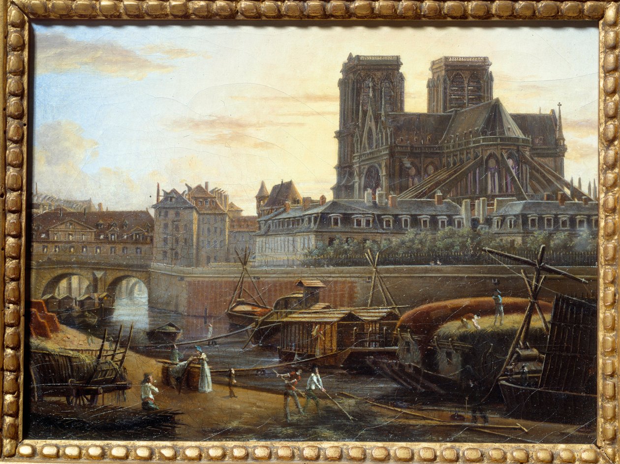 A ponte Saint Charles, o dieu do hotel, o arquéveche e Notre Dame vistos do Quai de la Tournelle em Paris. Pintura de Giuseppe Canella (1788-1847) EC.ITAL. de Giuseppe Canella