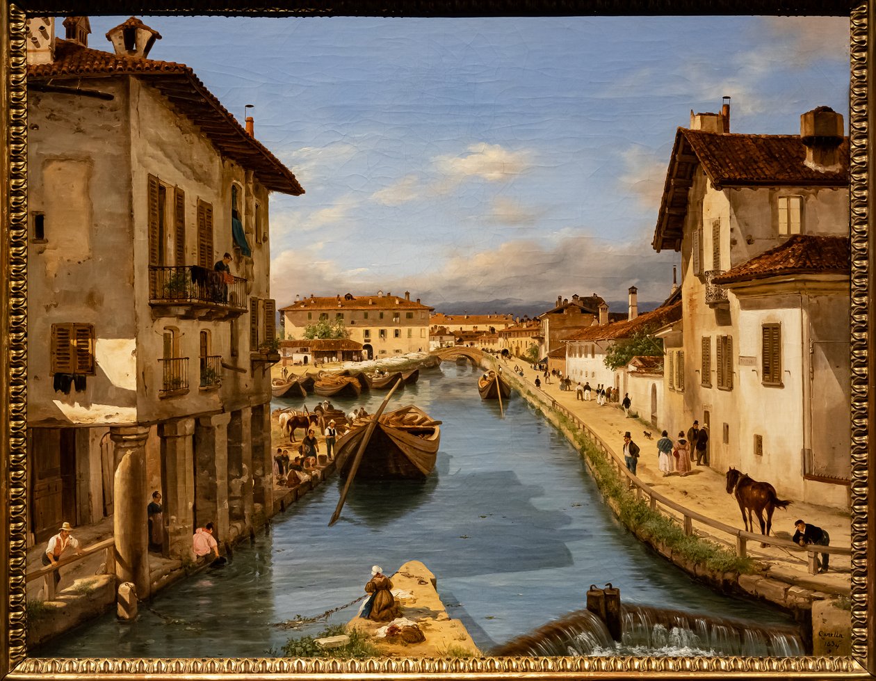 Vista do Canal Naviglio da ponte de São Marcos, c.1850 (óleo sobre tela) de Giuseppe Canella