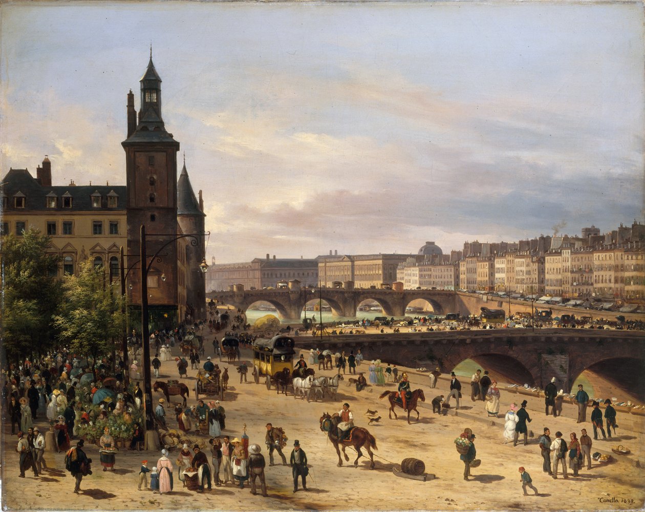 O mercado de flores, a Torre do Relógio, a Pont au Change e a Pont-Neuf, 1832. de Giuseppe Canella the Elder