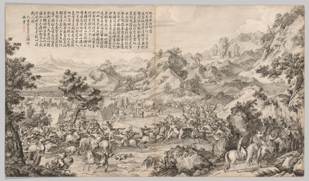 Atacando o acampamento em Gatan Ola: das cenas de batalha do combate às rebeliões ..., c. 1765-1774. de Giuseppe Castiglione