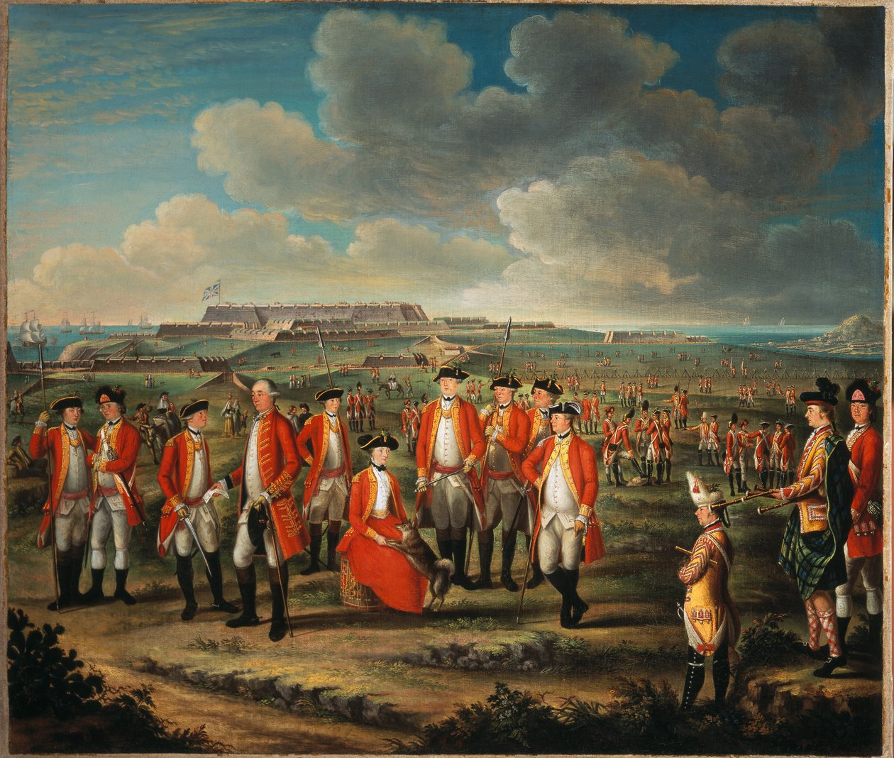Lady Louisa Lennox com o regimento do marido, 25º Regimento do Pé, com o Lorde George Lennox ao seu lado e Fort St Philip, Porto Mahon, ao fundo, c.1771 de Giuseppe Chiesa