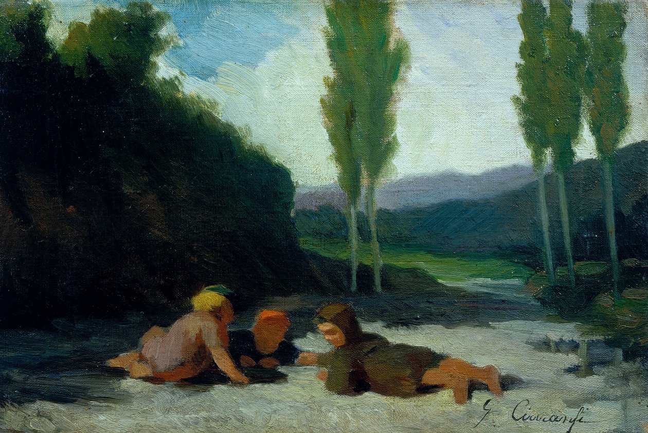 Crianças a brincar na margem de um rio (óleo sobre tela) de Giuseppe Ciaranfi